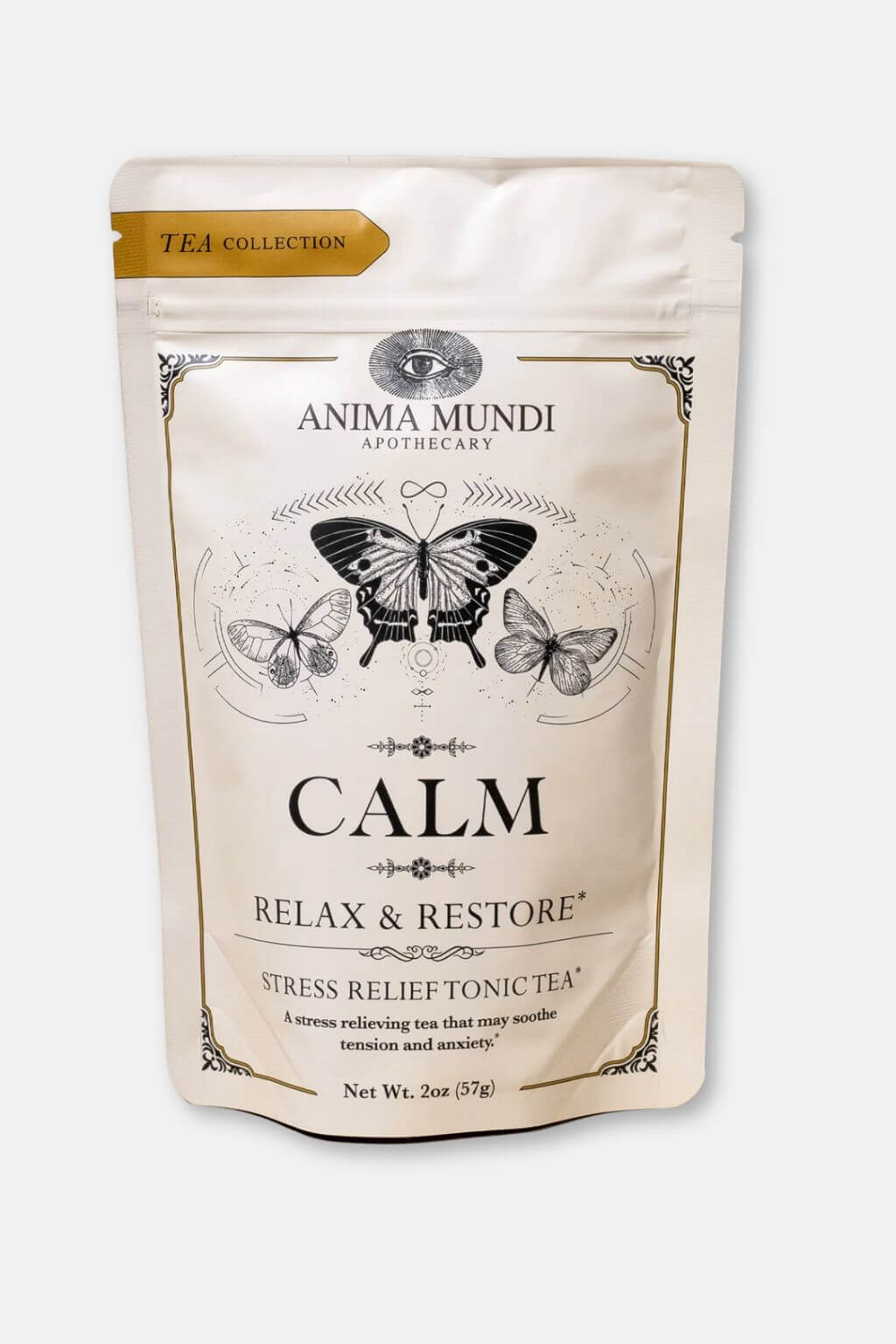 Anima Mundi Apothecary 'Calm' stress relief tonic tea in a cream-colored resealable stand-up pouch with black text and butterfly illustrations.