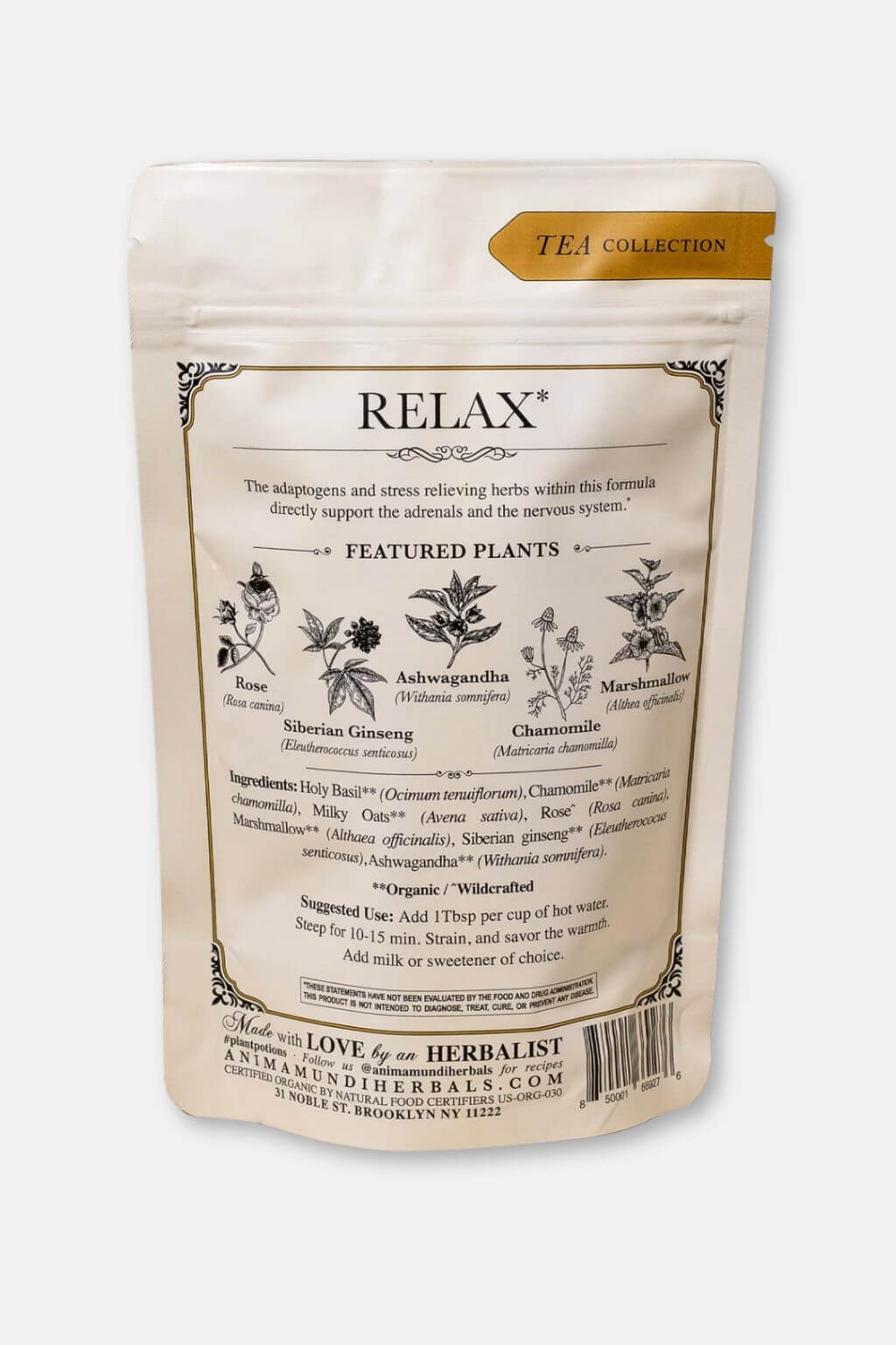 A stand-up pouch of Anima Mundi 'CALM' tea collection, showing the back of the packaging with botanical illustrations and text, on a white background.