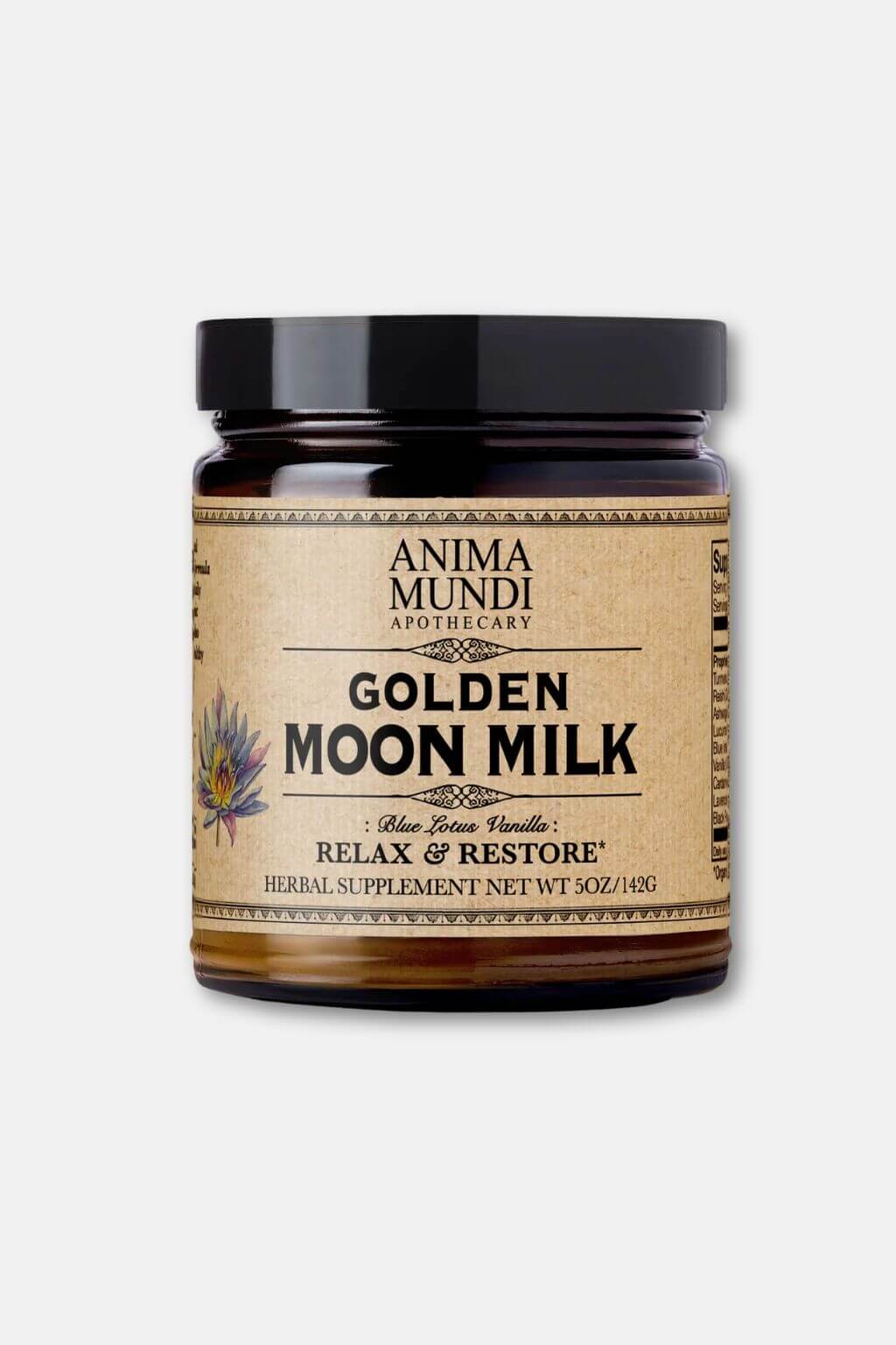 Anima Mundi Botanicals Golden Moon Milk Herbal Supplement in a dark amber glass jar with a black lid and a beige label, shown on a light gray background.