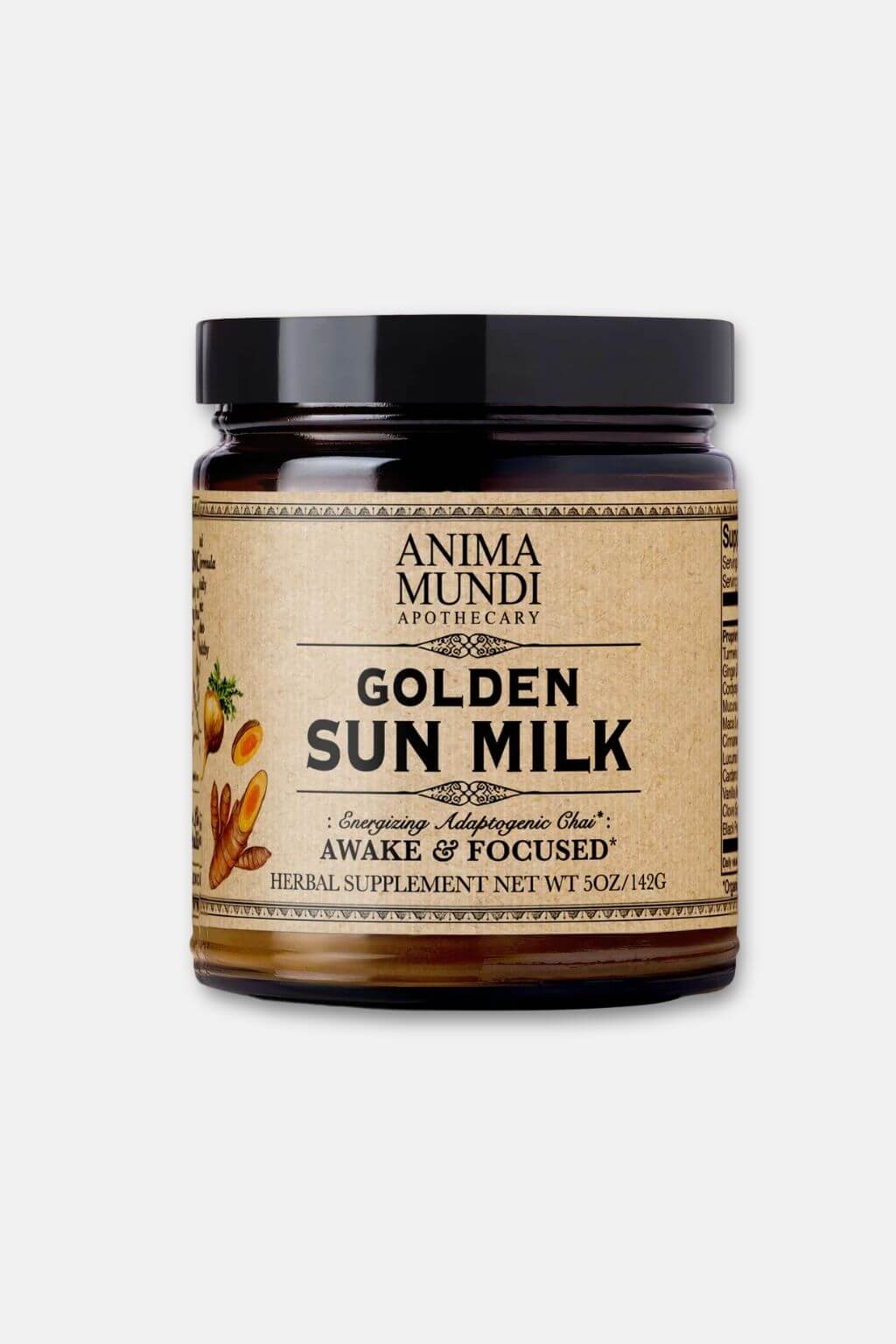 A jar of Anima Mundi Apothecary Golden Sun Milk herbal supplement, featuring a black lid and a beige label with black text with botanical illustrations, set against a plain light gray background.