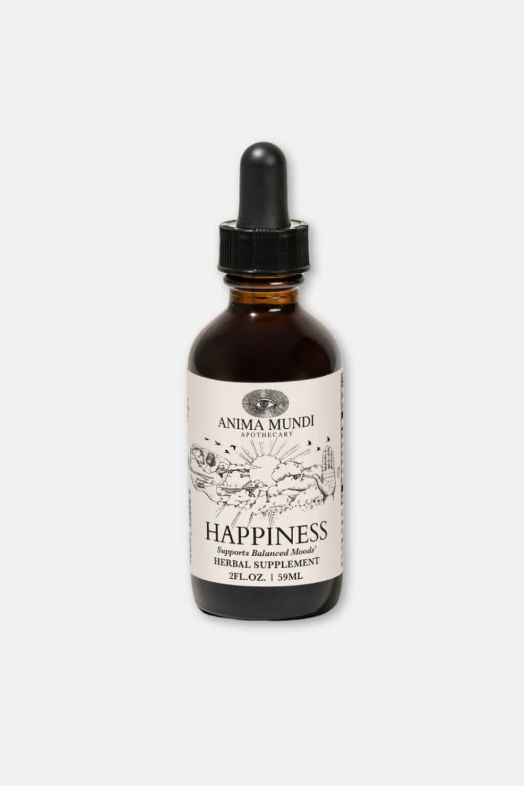 Anima Mundi's Happiness Tonic in amber glass dropper bottle against a white background