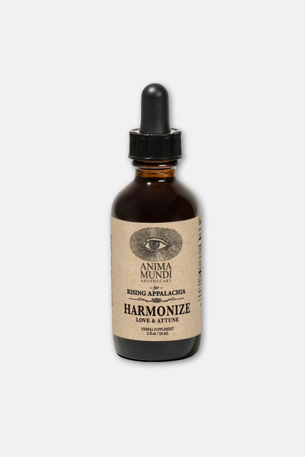 An amber glass bottle of Anima Mundi Harmonize Tonic against a white background