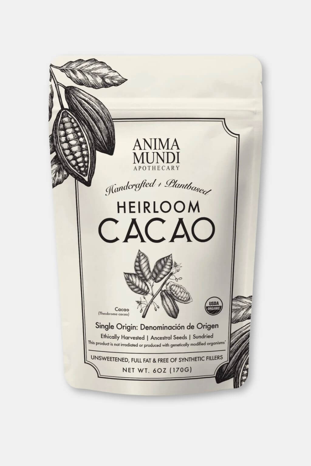 A pouch of Anima Mundi Apothecary Heirloom Cacao, featuring a cream-colored background with black botanical illustrations of cacao pods and leaves, and black text on the front label.