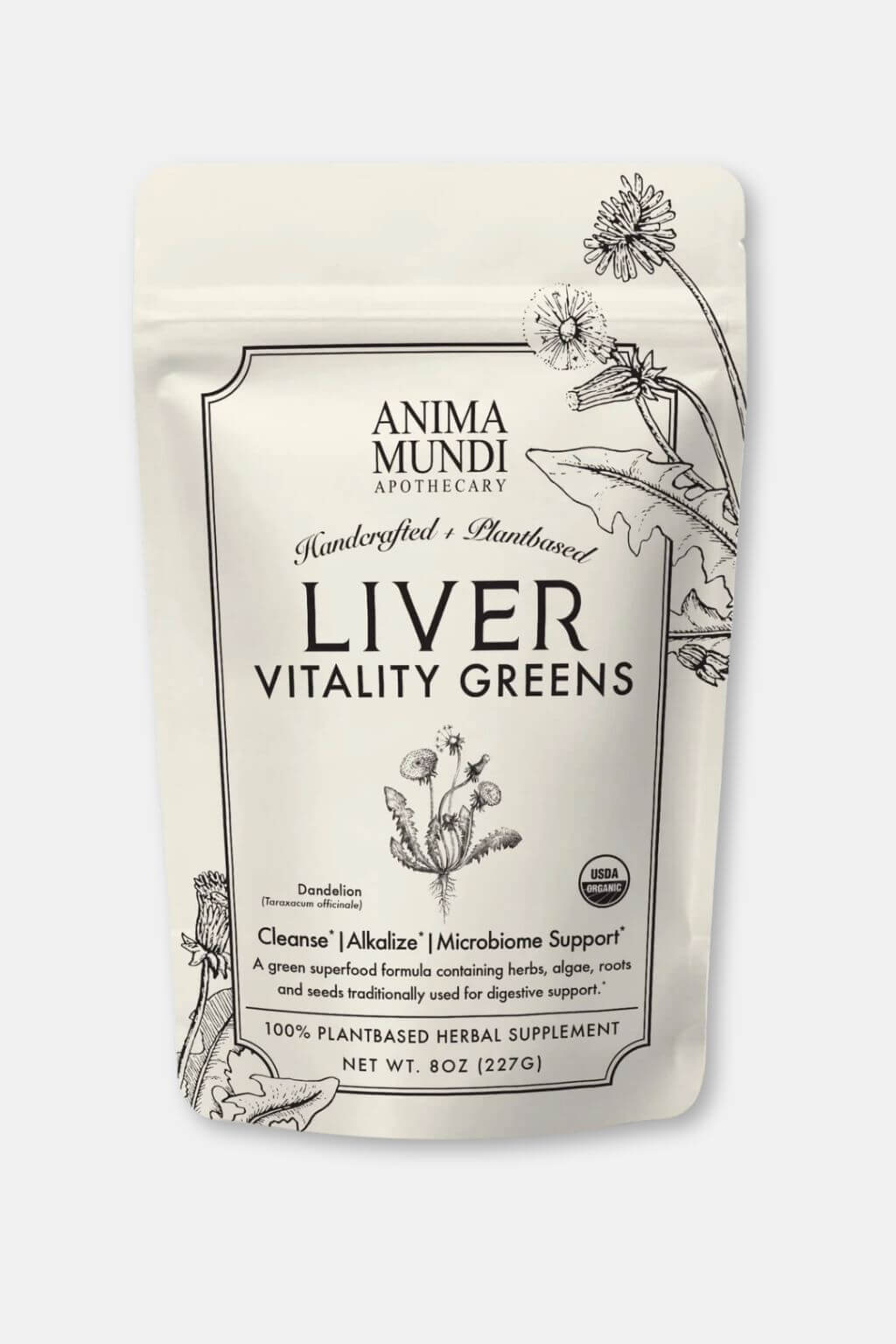 A pouch of Anima Mundi Apothecary Liver Vitality Greens herbal supplement, featuring a cream-colored background with black botanical illustrations and text.