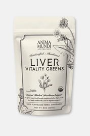 A pouch of Anima Mundi Apothecary Liver Vitality Greens herbal supplement, featuring a cream-colored background with black botanical illustrations and text.