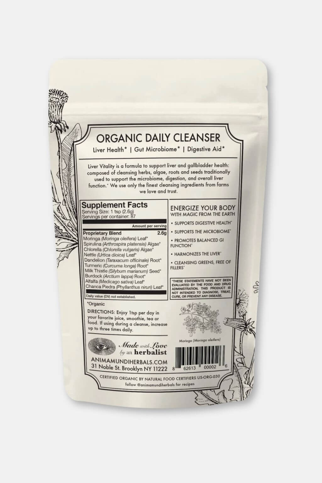 A pouch of Anima Mundi Organic Daily Cleanser supplement, showing the back panel with product details, ingredients, and directions on a white background.
