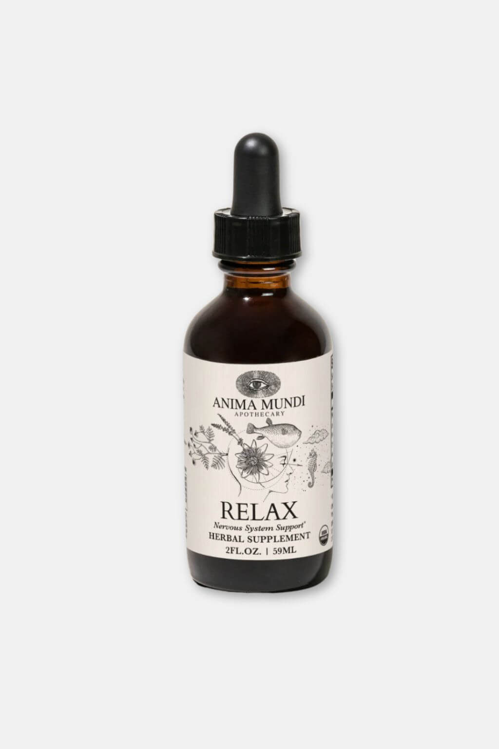 Bottle of Anima Mundi Relax herbal supplement on a white background