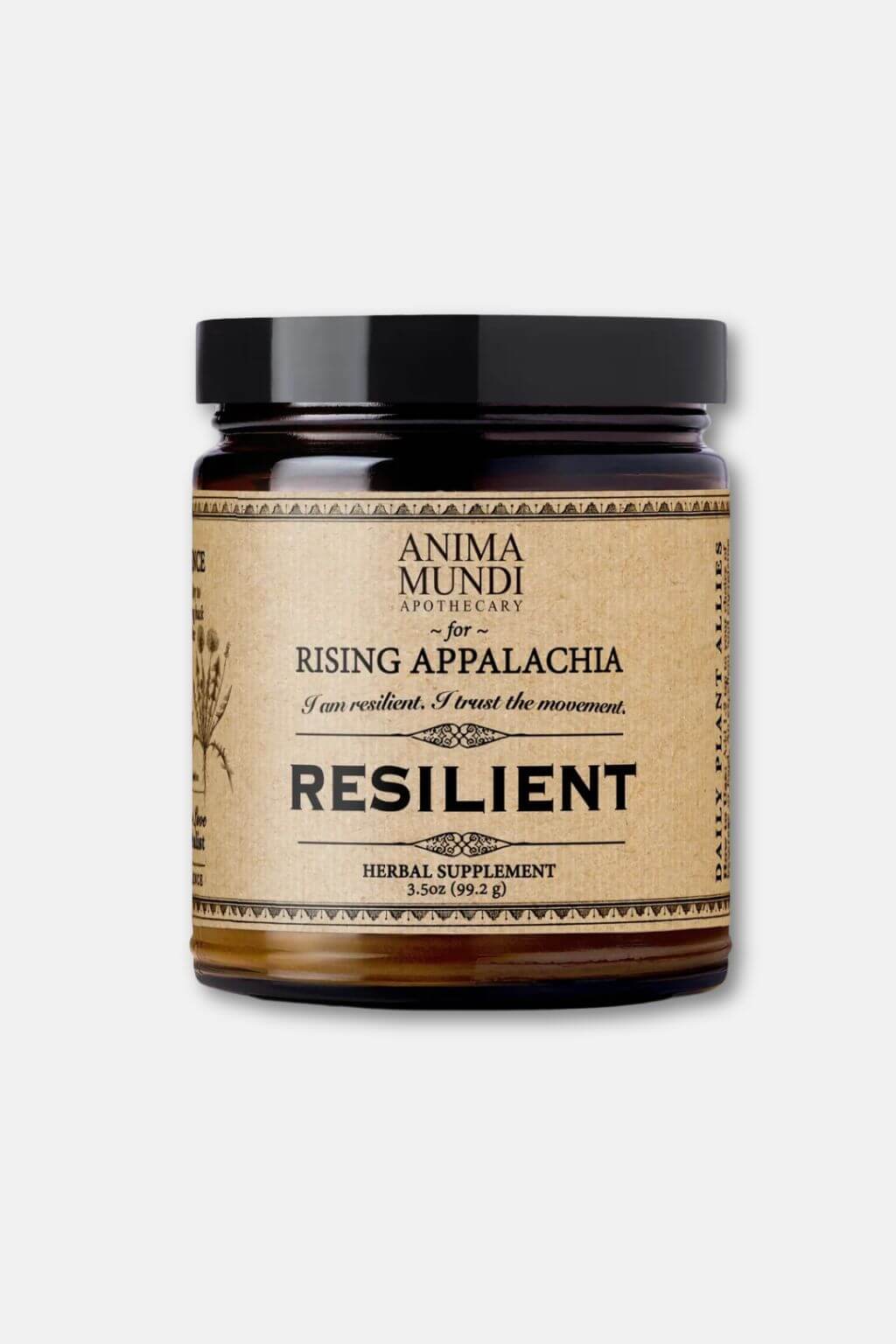 Jar of 'Resilient' herbal supplement by Anima Mundi Apothecary and Rising Appalachia on a white background