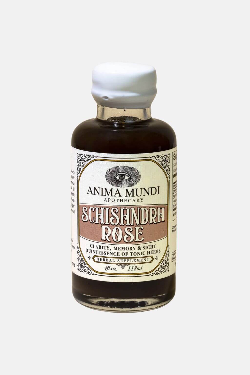 A glass bottle of Anima Mundi Apothecary Schisandra Rose Elixir with a white sealed wax cap and a cream-colored label, shown against a light gray background.