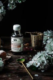 A bottle of Anima Mundi Apothecary's Schisandra Rose Elixir, styled on a rustic wooden surface with white flowers, a brass spoon, and a woven brass tea strainer against a dark background.