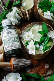 A bottle of Anima Mundi Apothecary Viridem herbal tincture is displayed next to two gol-rimmed cocktail glasses filled with a mint and lime mojito, decorated with white blossoms, on a rustic wooden table.