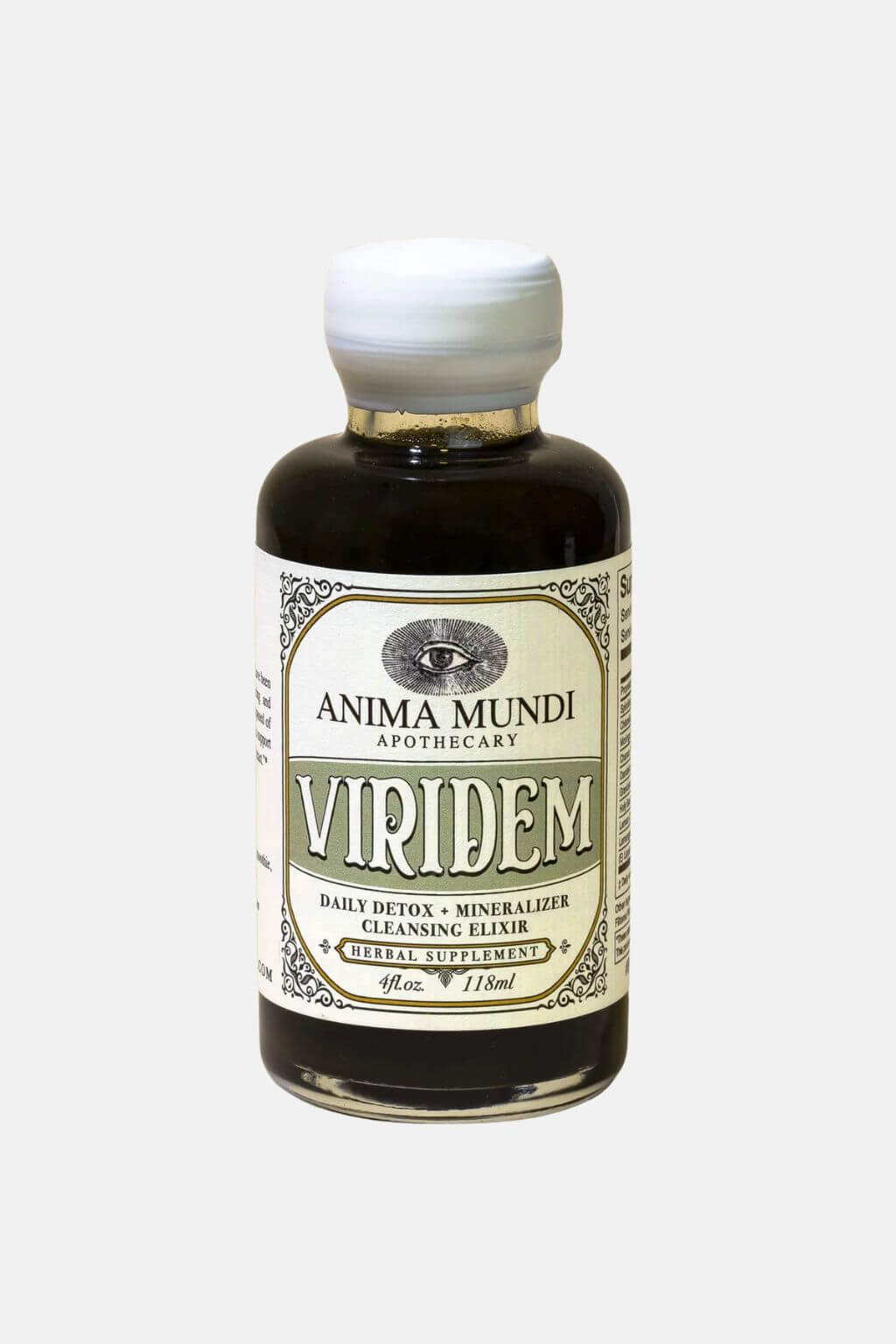 A small glass bottle of Anima Mundi Apothecary Viridem Daily Detox, Mineralizer, and Cleansing Elixir. The bottle contains a dark green liquid and has a white sealling wax cap and a cream-colored label with green and black text.