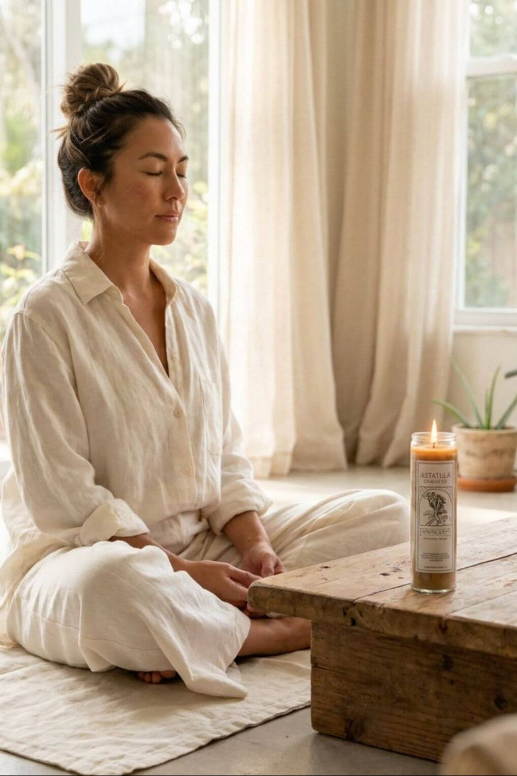 Woman in white outfit meditating in a softly lit room with a candle on a wooden table.