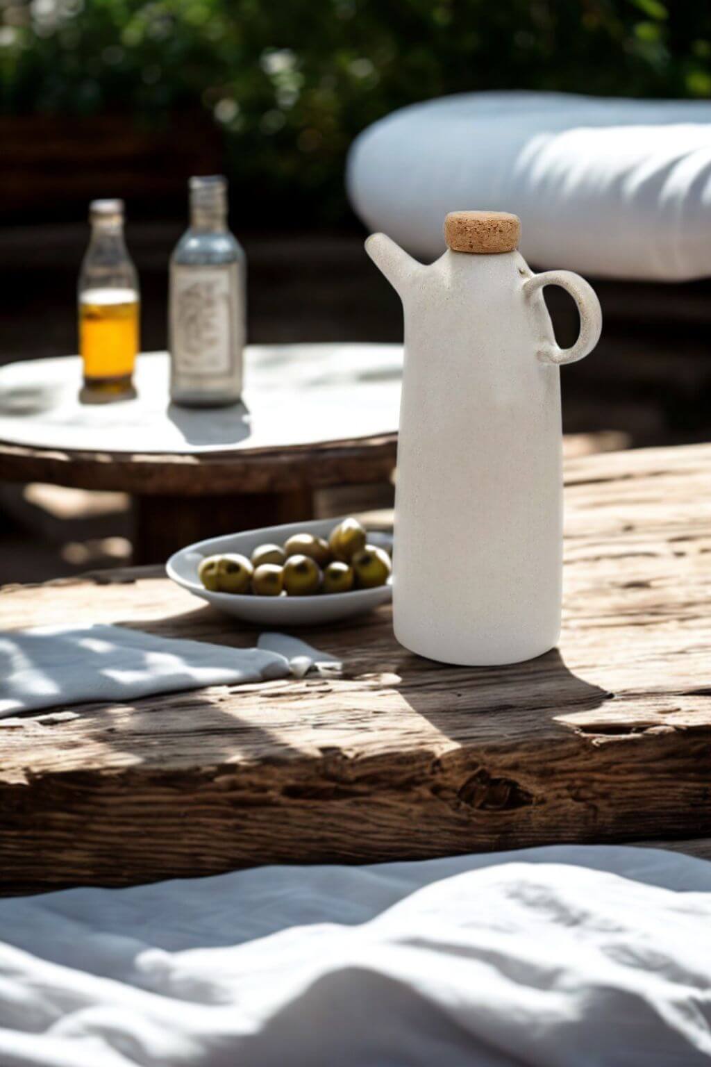 Mediterranean olive oil bottle on outdoor table with olives and oil