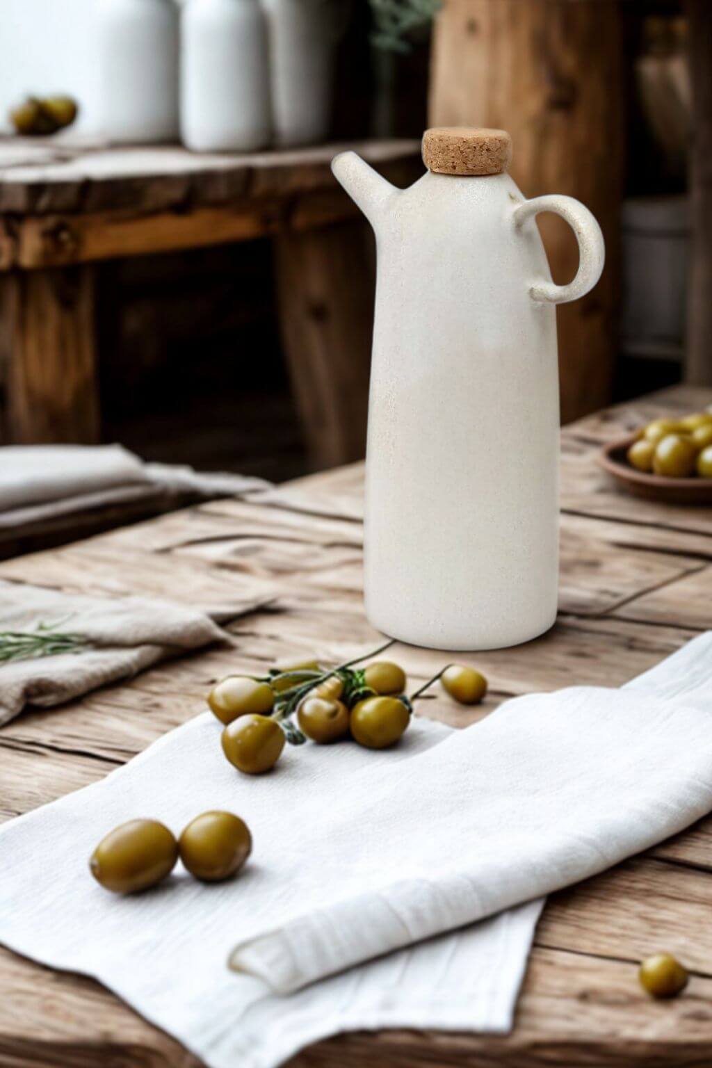 Mediterranean style olive oil bottle on wooden table setting