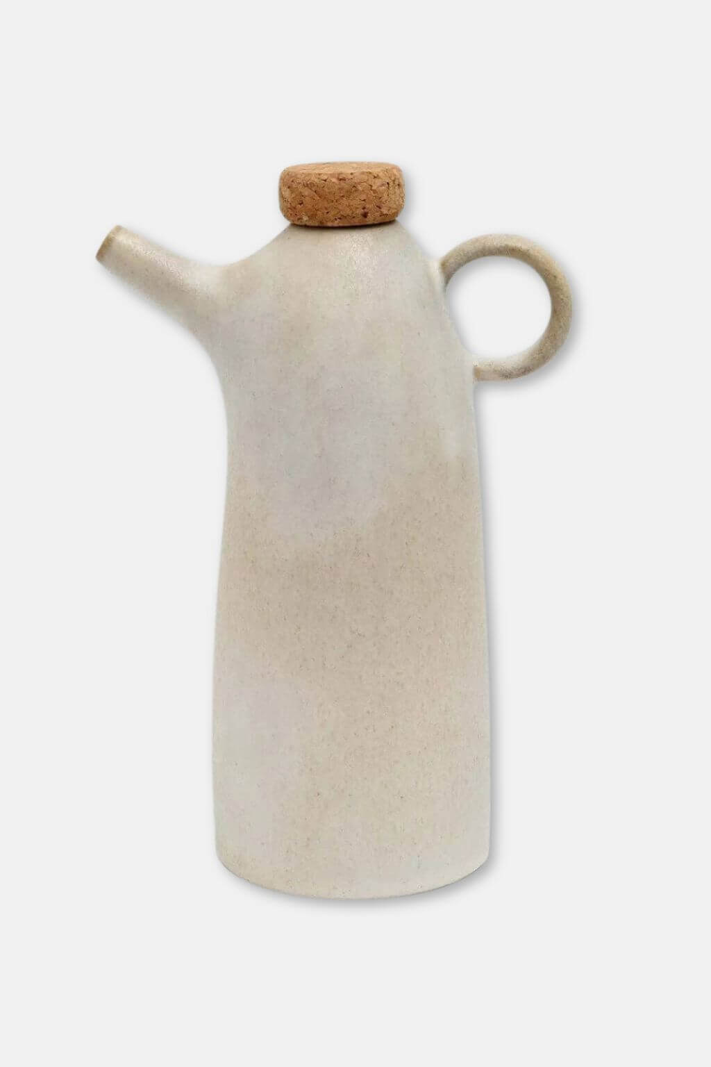 Handmade white ceramic olive oil bottle with cork stopper