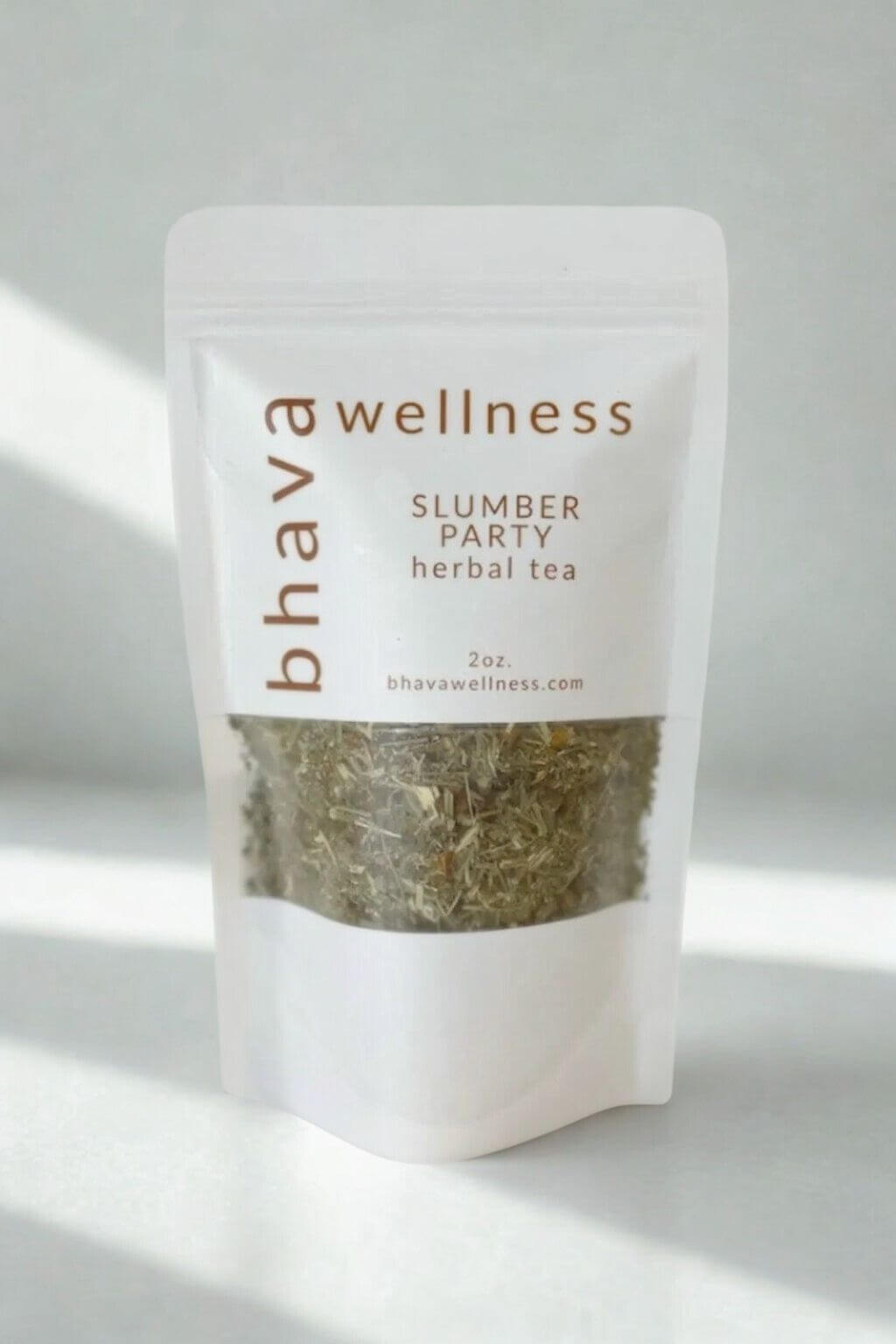 Bhava Wellness Slumber Party herbal tea package on a light background