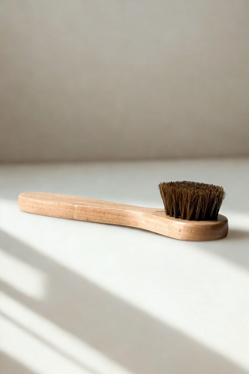 Wooden eco-friendly face brush resting on a ledge with soft natural lighting