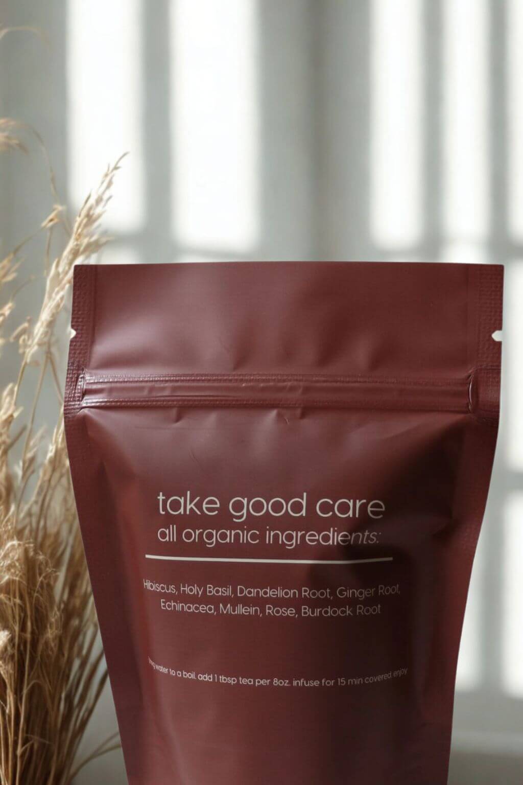 Bhava Wellness Take Good Care herbal tea ingredient label