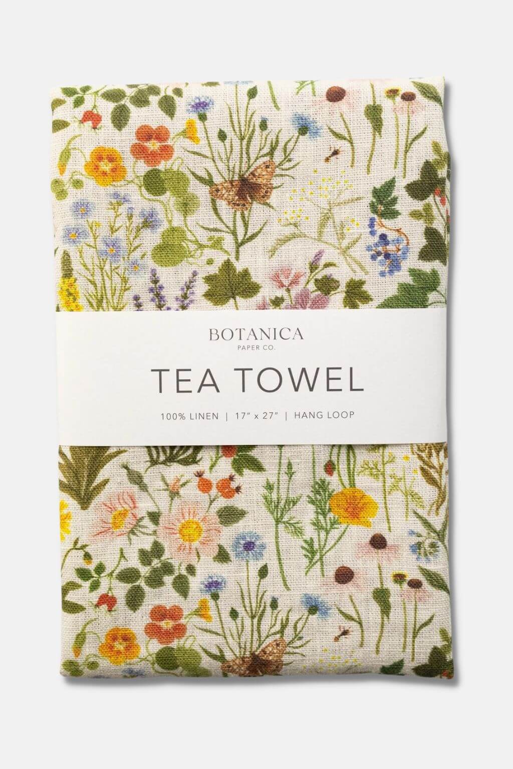 Botanist Linen Tea Towel by Botanica Paper Co. featuring floral and butterfly illustrations on parchment linen.