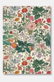 Full view of botanical tea towel with colorful wildflowers, greenery, and small rabbits