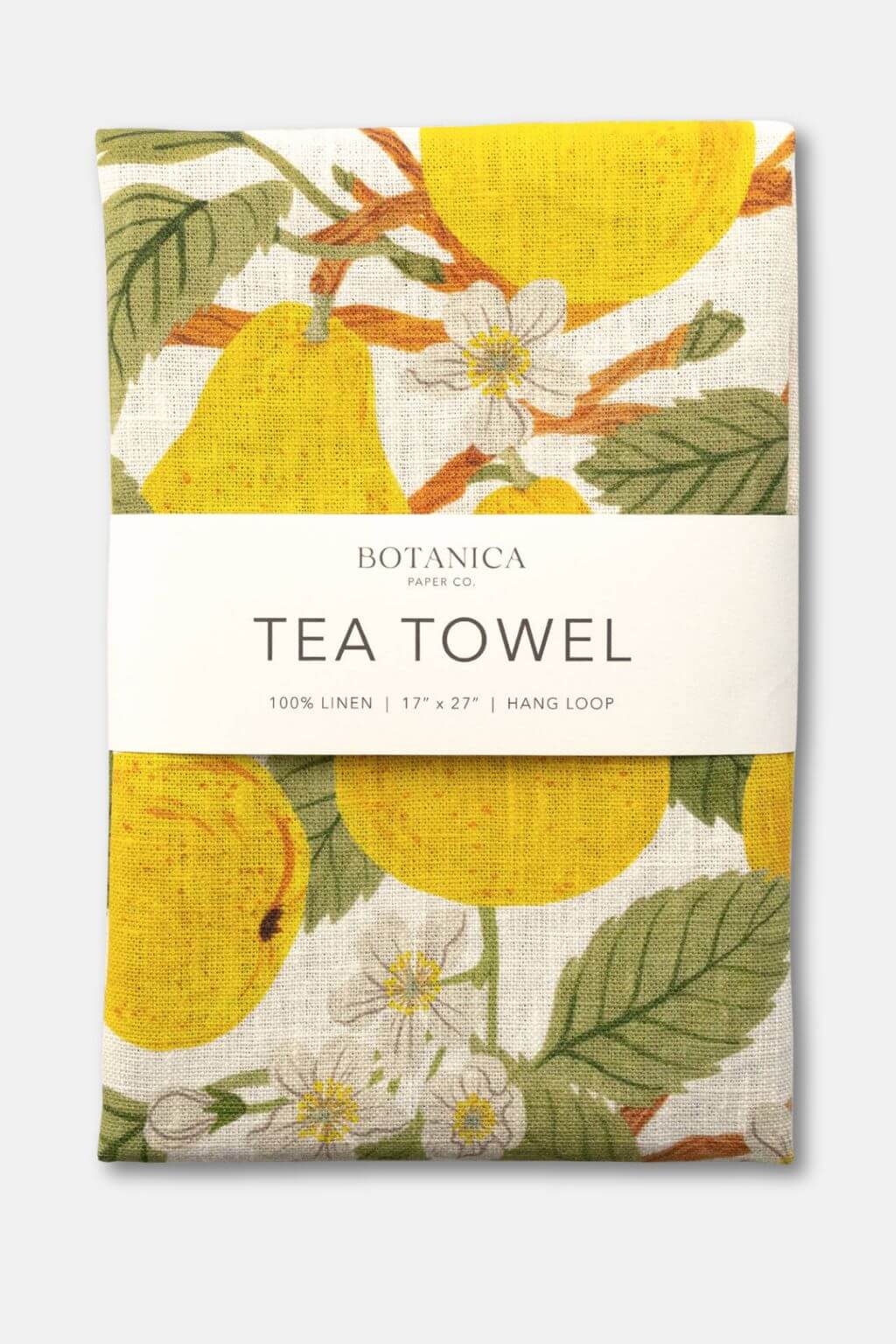 Pear Orchard Linen Tea Towel by Botanica Paper Co. featuring golden pears and white blossoms on natural linen.