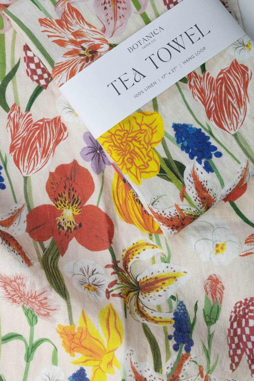 Botanical linen tea towel with colorful wildflower illustration