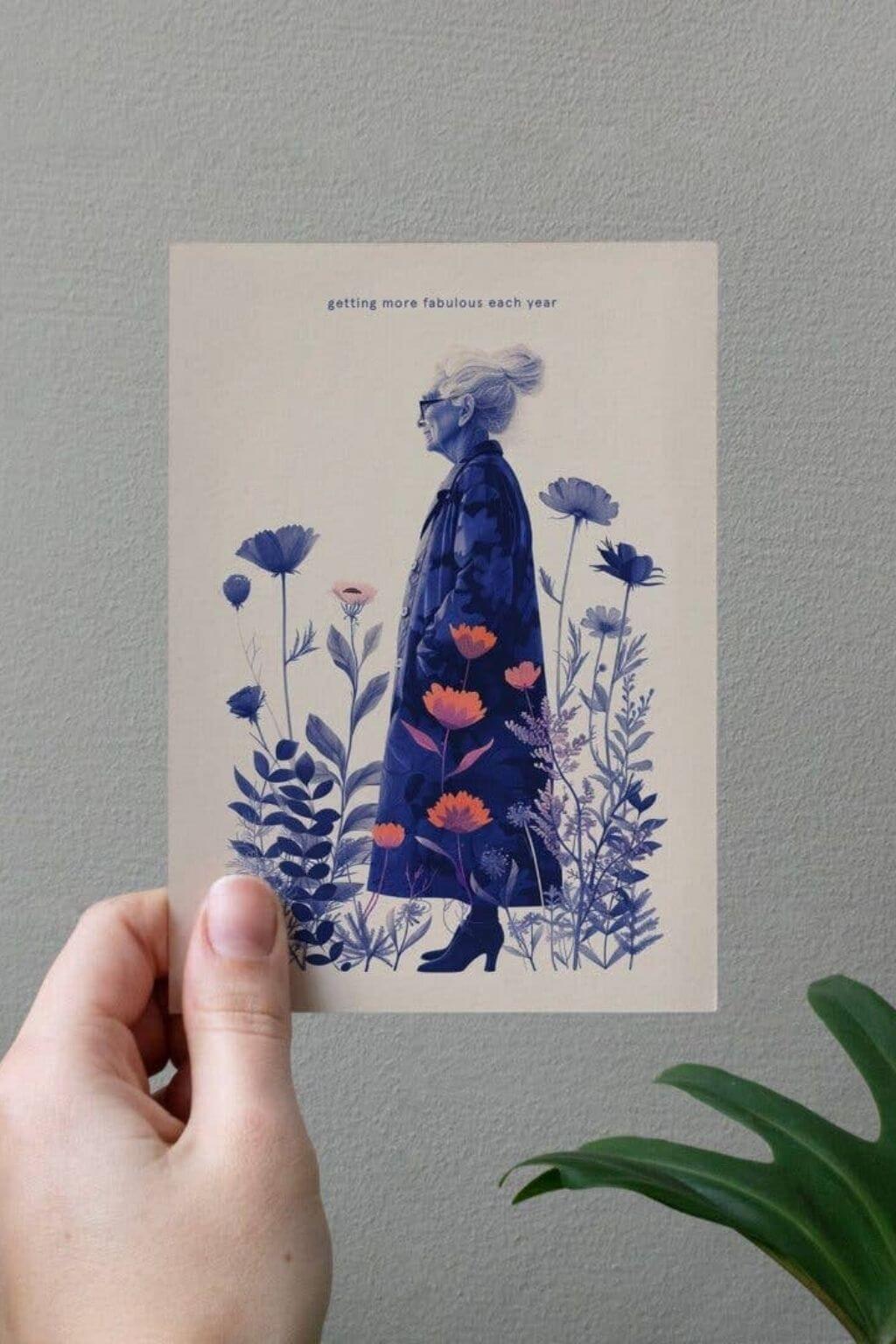Botanical birthday card displayed with houseplants