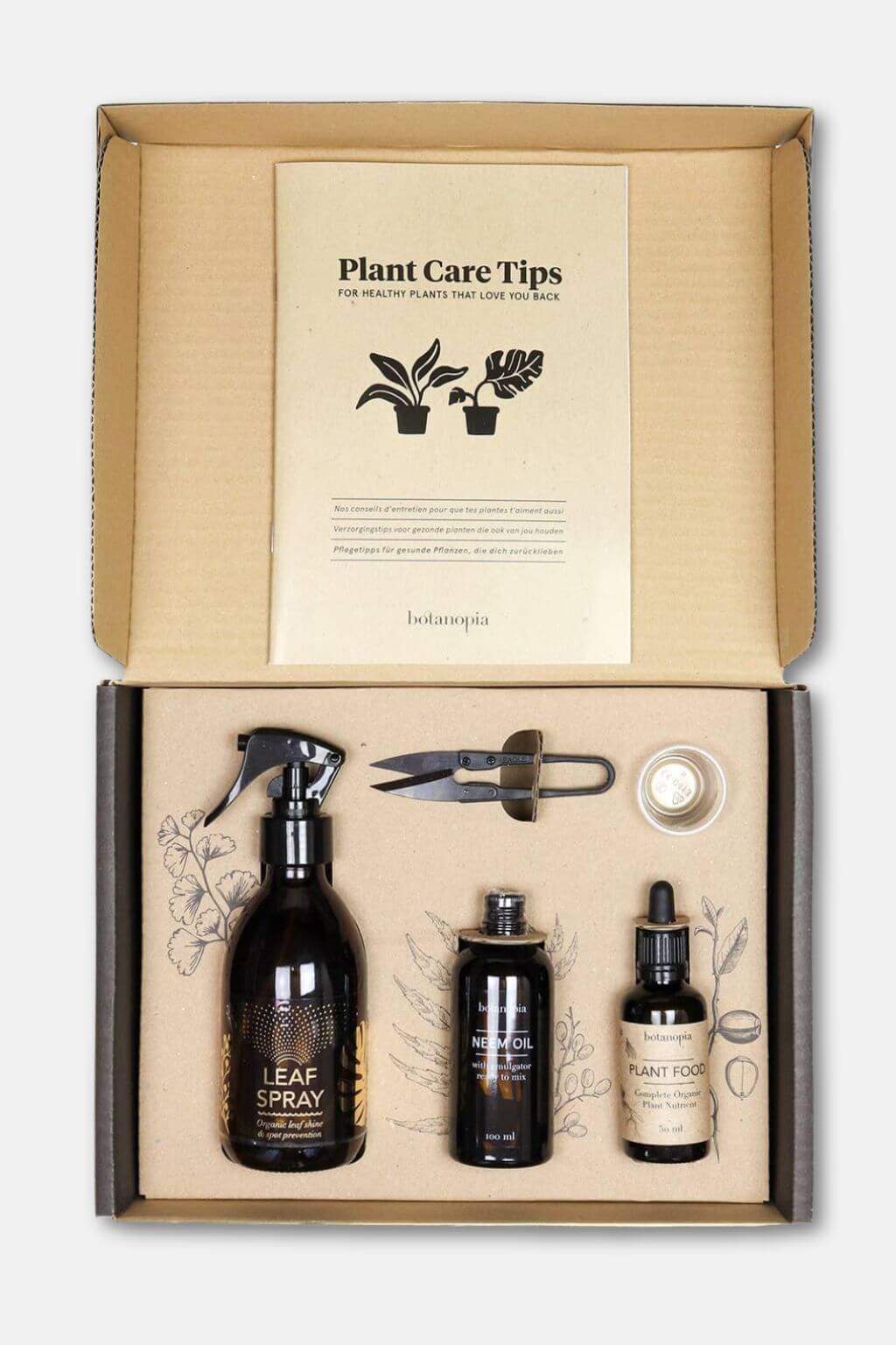 Botanopia plant care kit open box with plant care guide