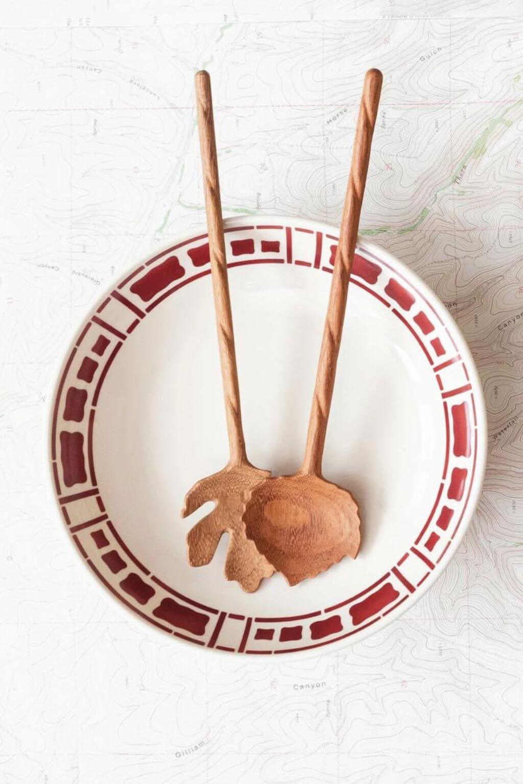 Hand-Carved Doussie Wood Leaf Salad Servers | Set of 2