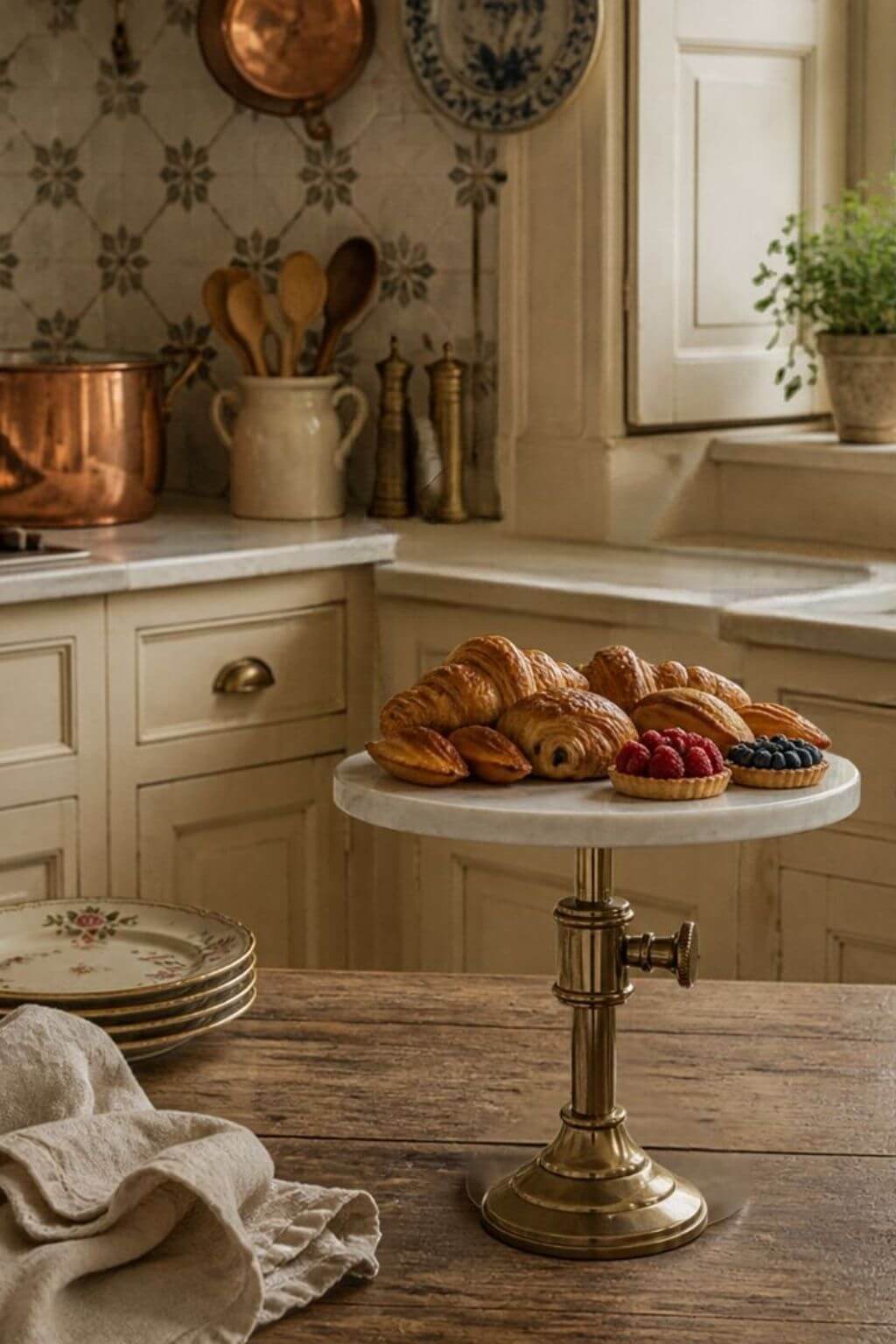 A round white marble pedestal cake stand with an antique brass base, holding a selection of pastries on a rustic wooden table in a warm, vintage-style kitchen.