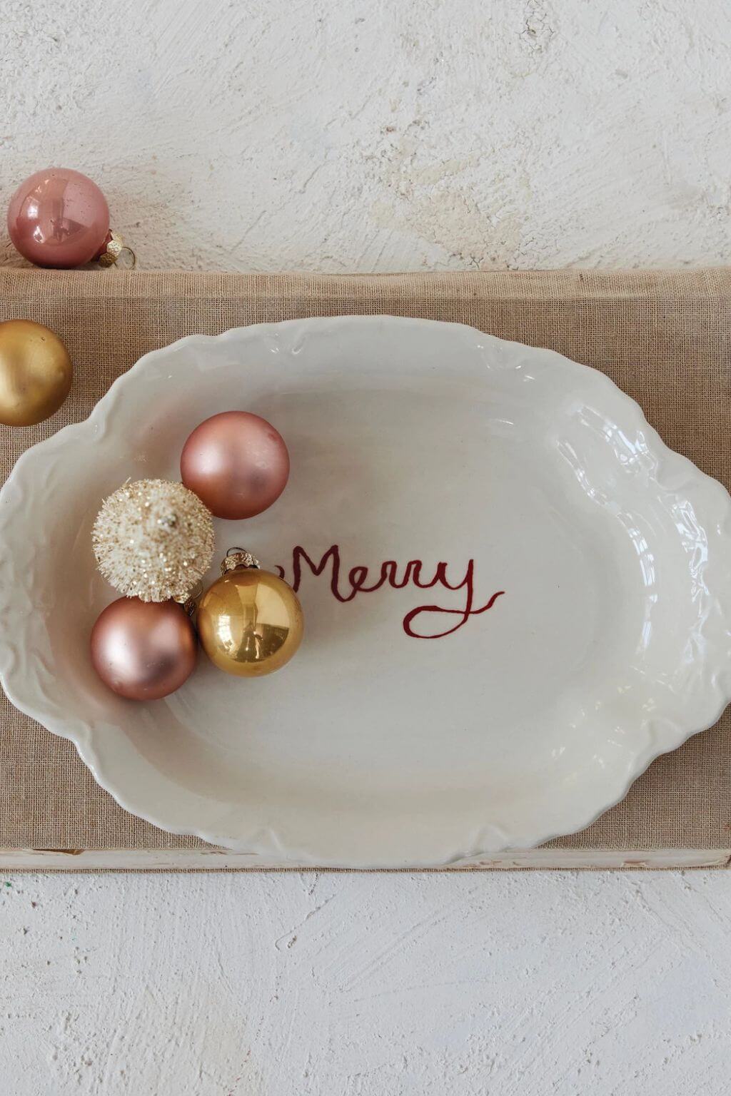 Merry Scalloped Stoneware Platter with Embossed Edge