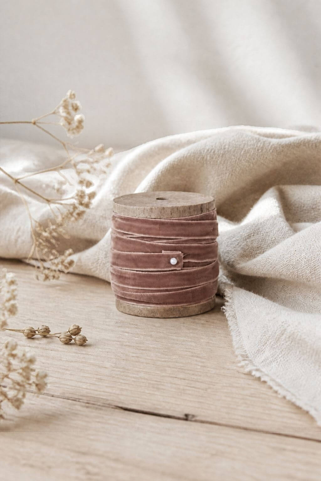 Earth-Toned Velvet Ribbon on Wood Spool