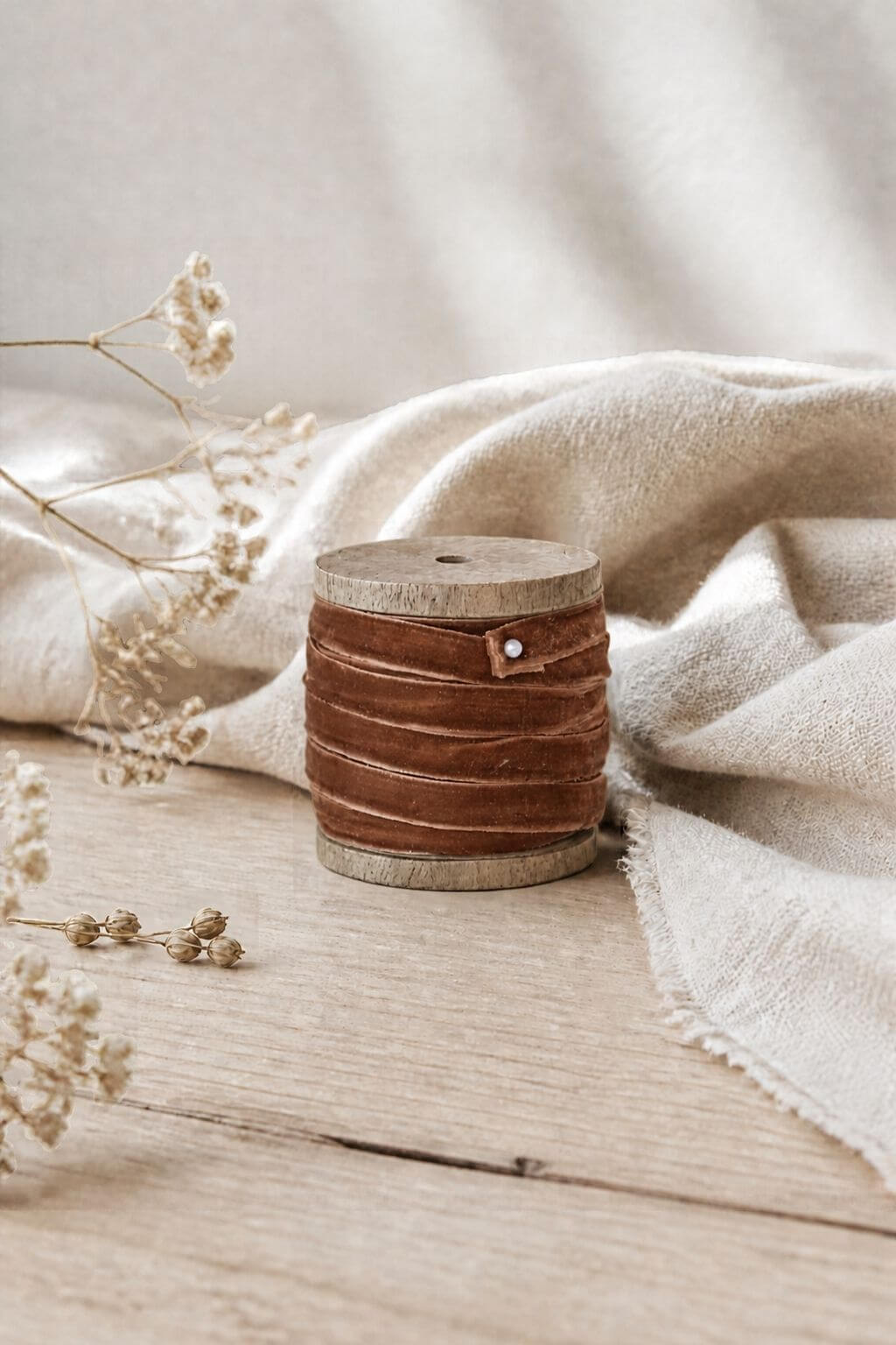 Earth-Toned Velvet Ribbon on Wood Spool