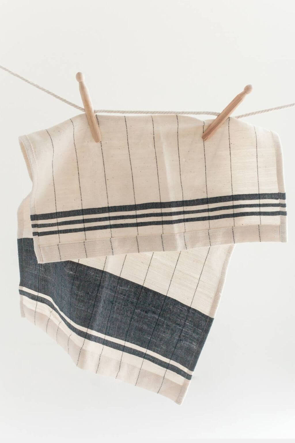chelsea navy stripe handwoven kitchen tea towel hanging