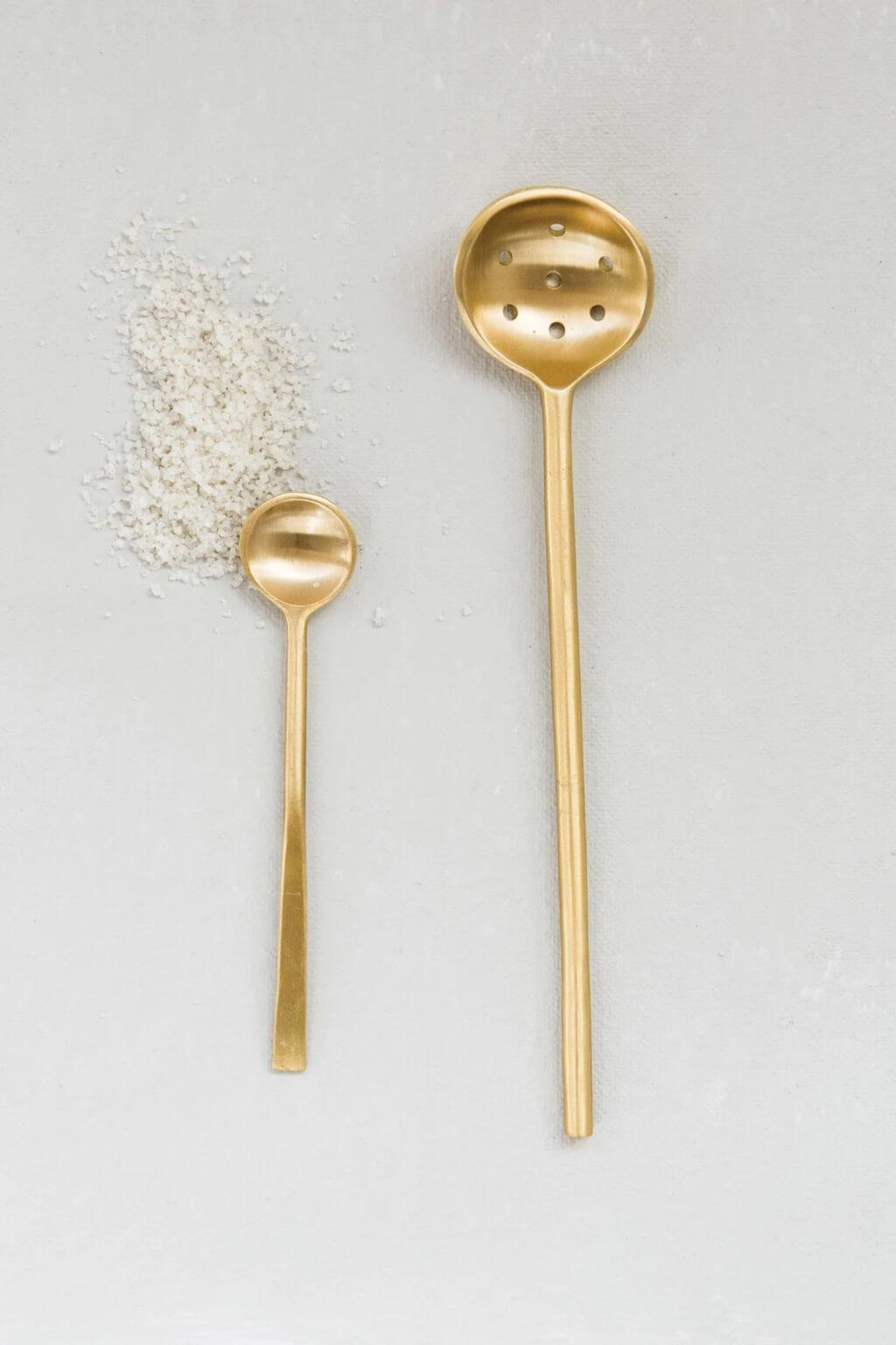 brass olive spoon with salt and small brass spoon comparison