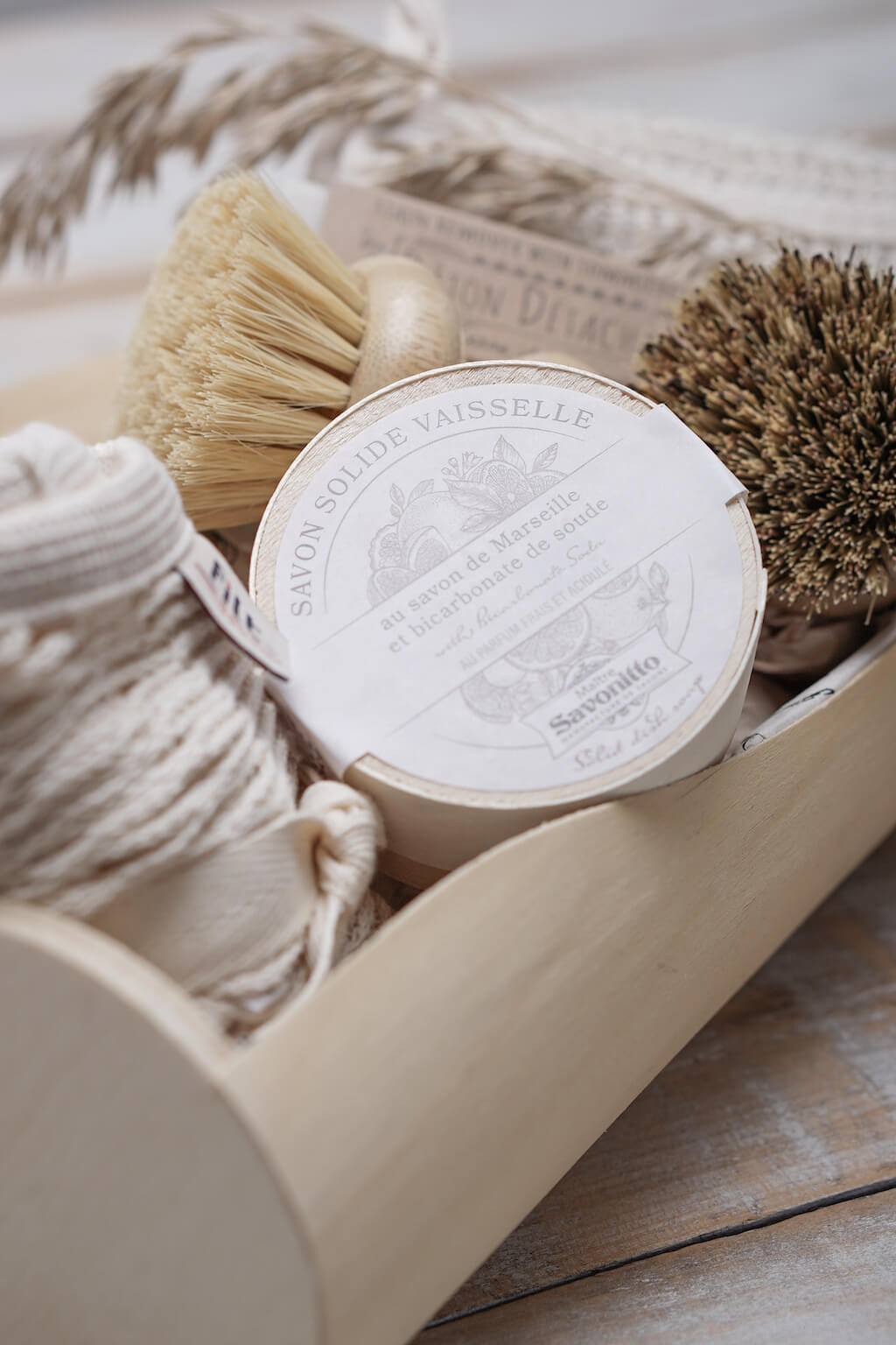savon de marseille dish soap in wooden box traditional french soap