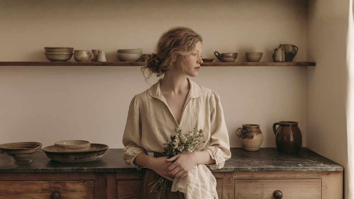 A woman in an Old English farmhouse kitchen, wearing a cream linen peasant top and brown skirt, holding a small bouquet of wildflowers. Shelves filled with ceramic bowls and a pottery jar are visible in the background.