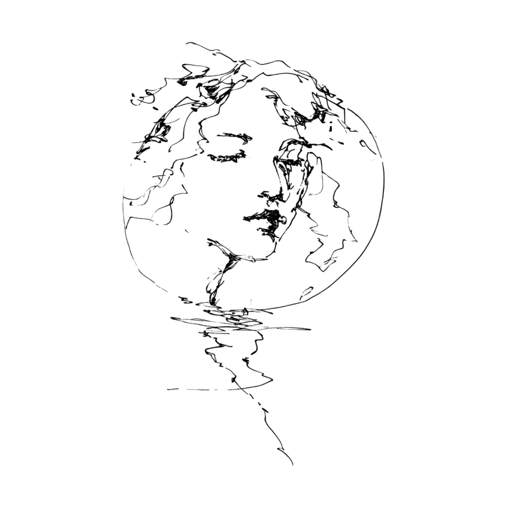 A minimalist black line art illustration of a human face formed from the outline of the Earth, shown on a plain white background.