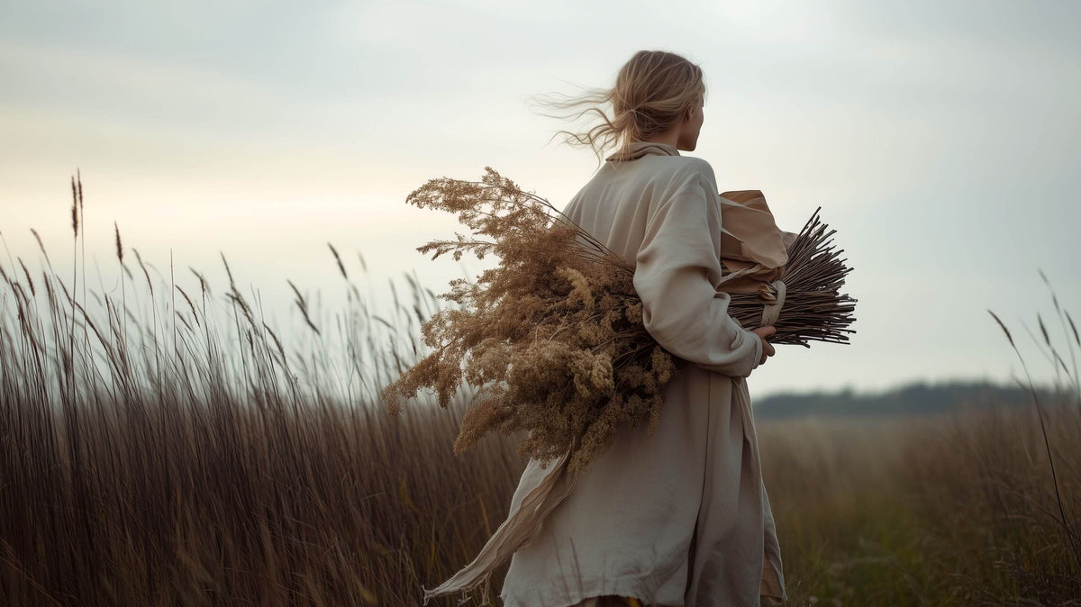 A woman seen from behind walking through a field of tall dry grass, carrying a large bundle of dried flowers and grasses in her arm, wearing a long light beige coat.