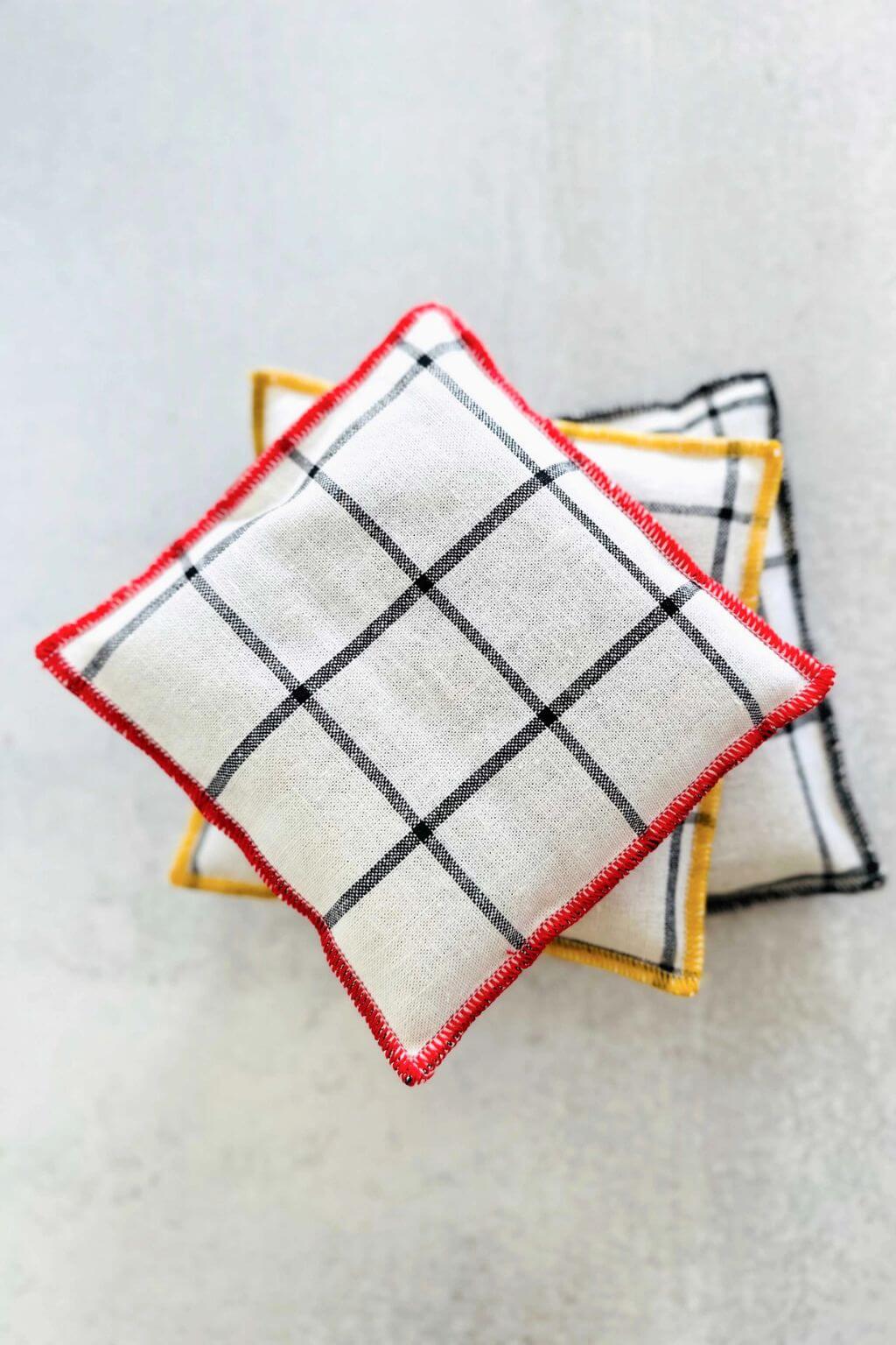 Dot and Army windowpane linen lavender sachets set with colorful stitched edges