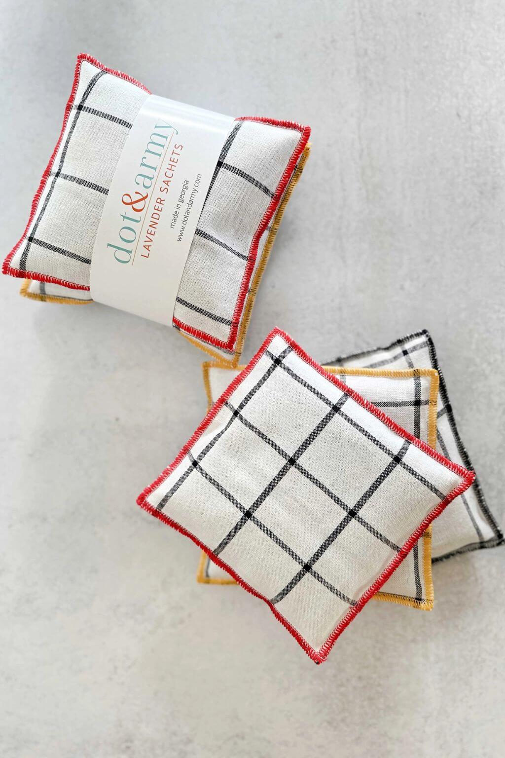 Dot and Army windowpane linen lavender sachets set with colorful stitched edges
