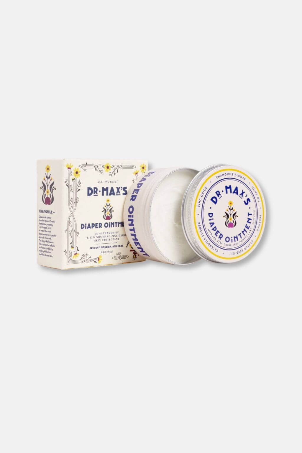 Open jar of Dr. Max’s diaper ointment with packaging showing natural ingredients