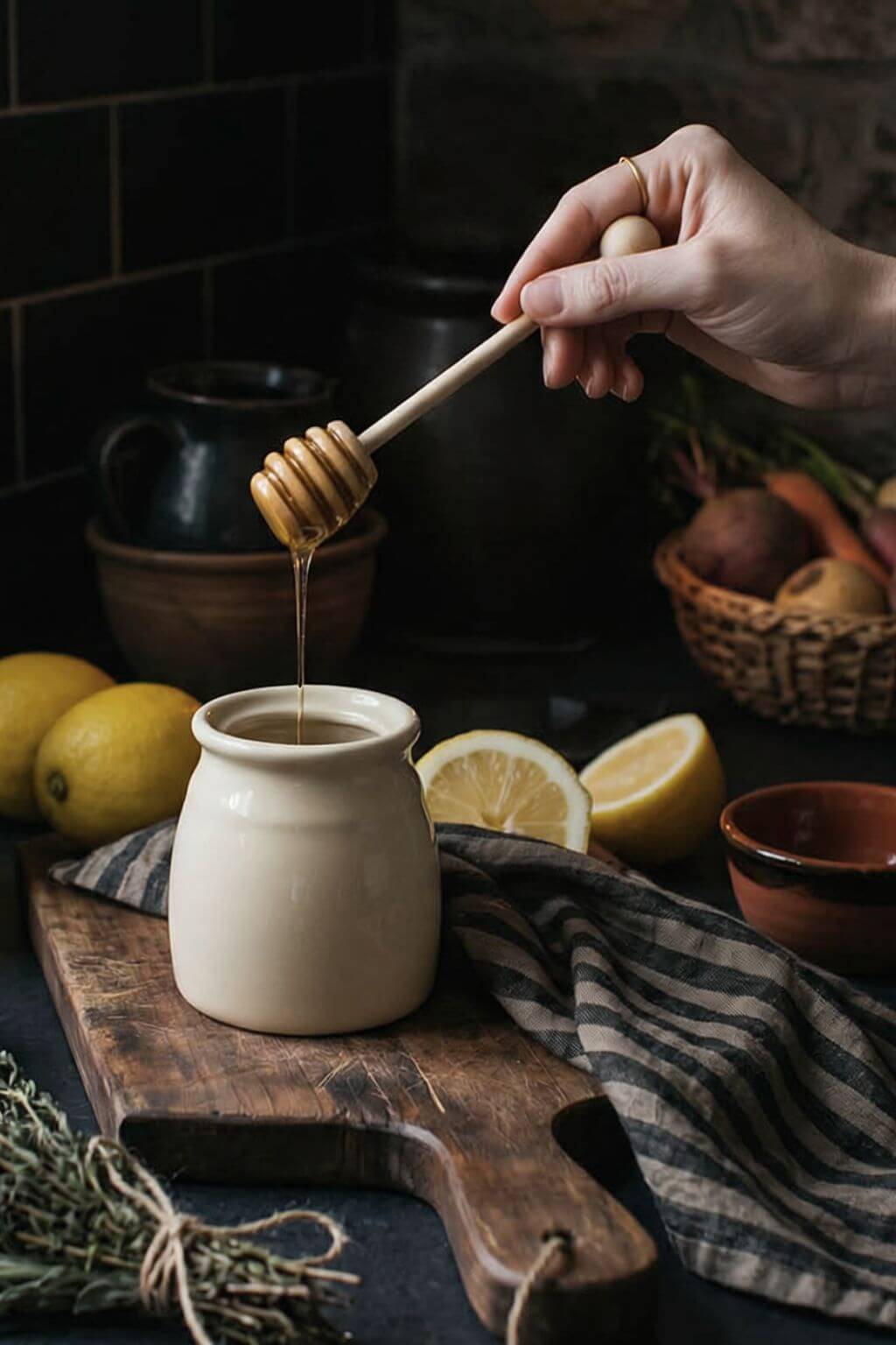 A hand holds a wooden honey dipper above a small cream-colored ceramic jar, with honey dripping into the jar. The scene is styled with lemons, a dark cloth, and rustic kitchen props on a dark surface.