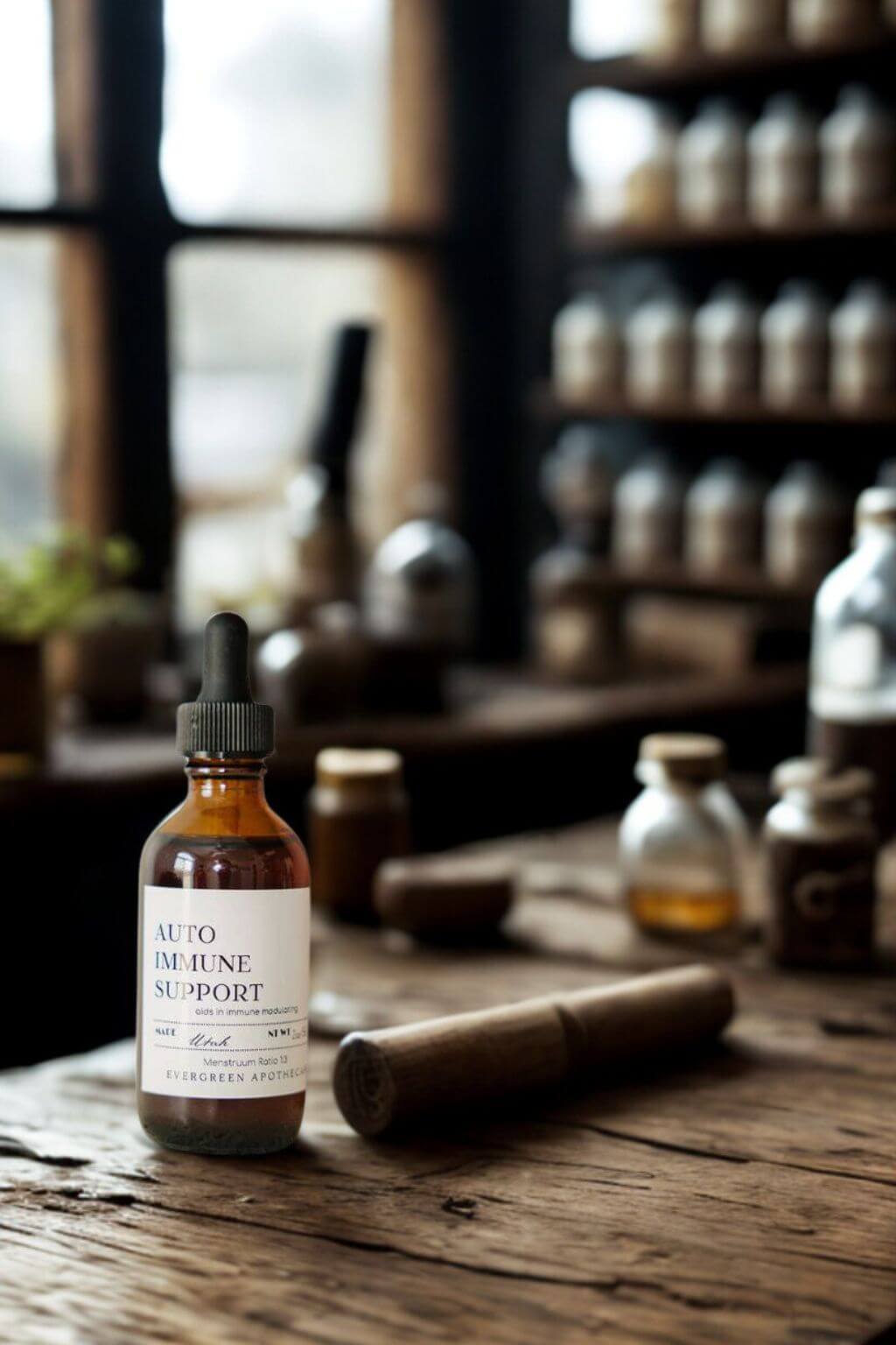evergreen apothecary autoimmune support tincture on rustic apothecary table with herbal bottles