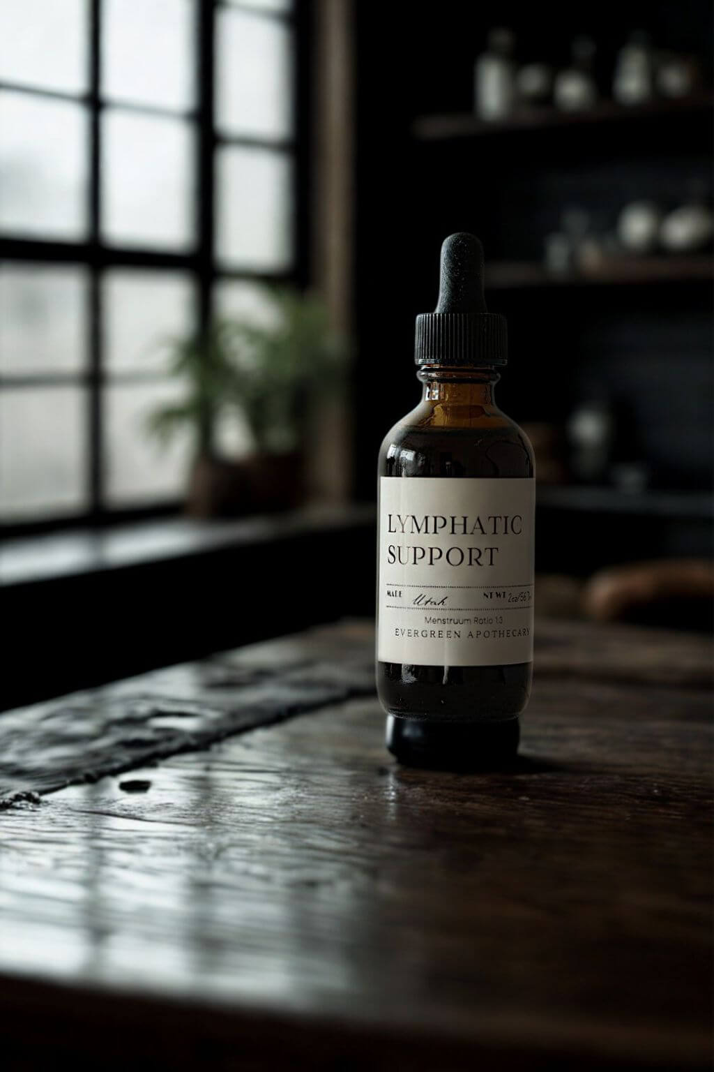 evergreen apothecary lymphatic support tincture bottle on wooden table in apothecary setting