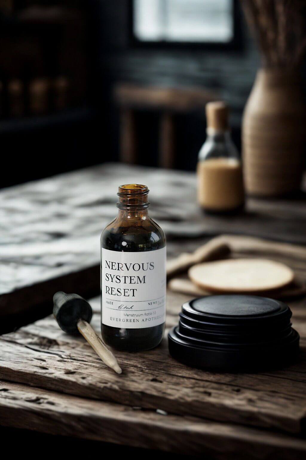 evergreen apothecary nervous system reset herbal tincture with dropper and apothecary tools