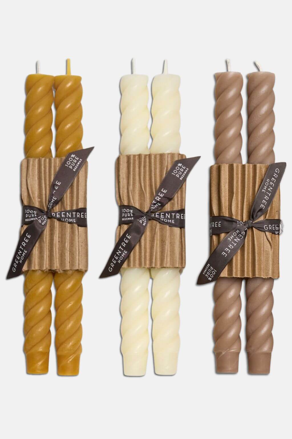 Pure beeswax rope taper candles in natural yellow, cream, and moon dust by Greentree Home