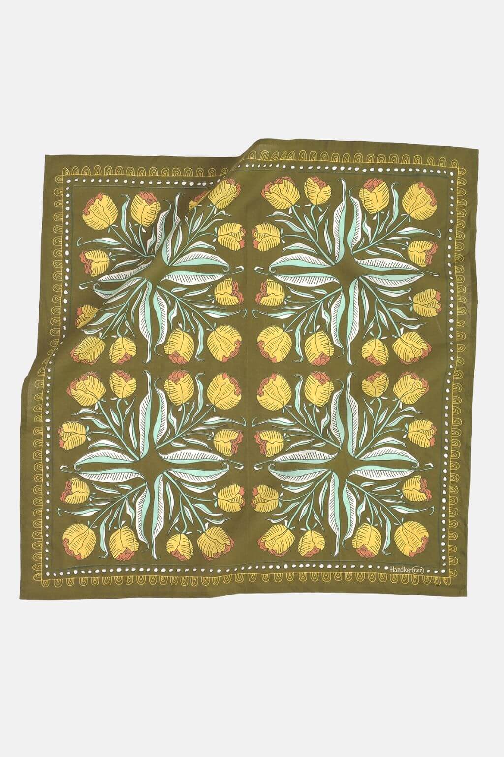 Square floral cotton bandana featuring golden mustard tulips with brick red and aqua botanical accents