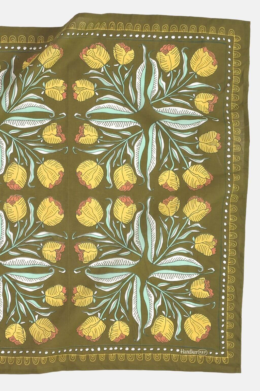 Adele cotton bandana with golden tulips and white leaves on an olive green background